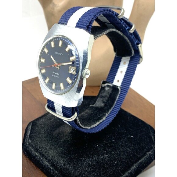 Sekonda Men's Watch Vintage USSR Automatic Blue Dial Date Nylon Strap 36mm - Picture 2 of 14